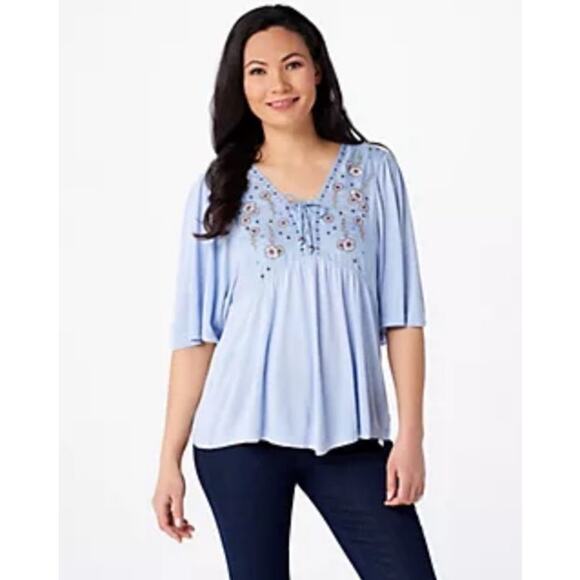 Haute Hippie Tribe Blue Viscose Floral Embroidered Short Sleeve Blouse Size S - Picture 1 of 7